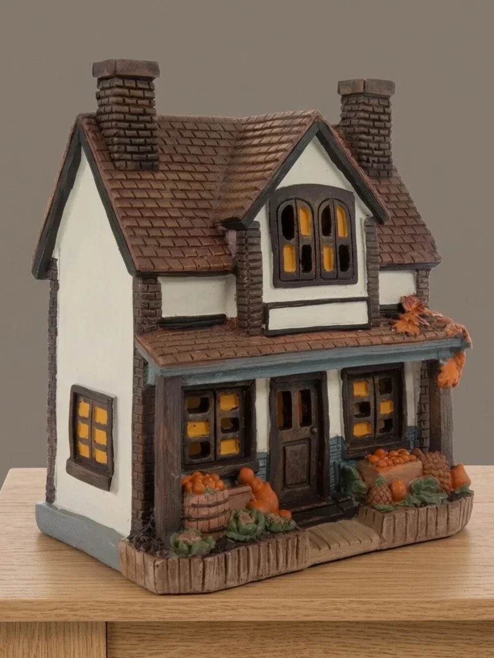 Lighted Fall Village House Resin Cottage Pumpkin Table Decoration Autumn Glow